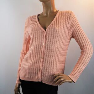 Vintage Rafael Cable Knit Cotton Cardigan Peachy Pink Oversized Size S USA Made